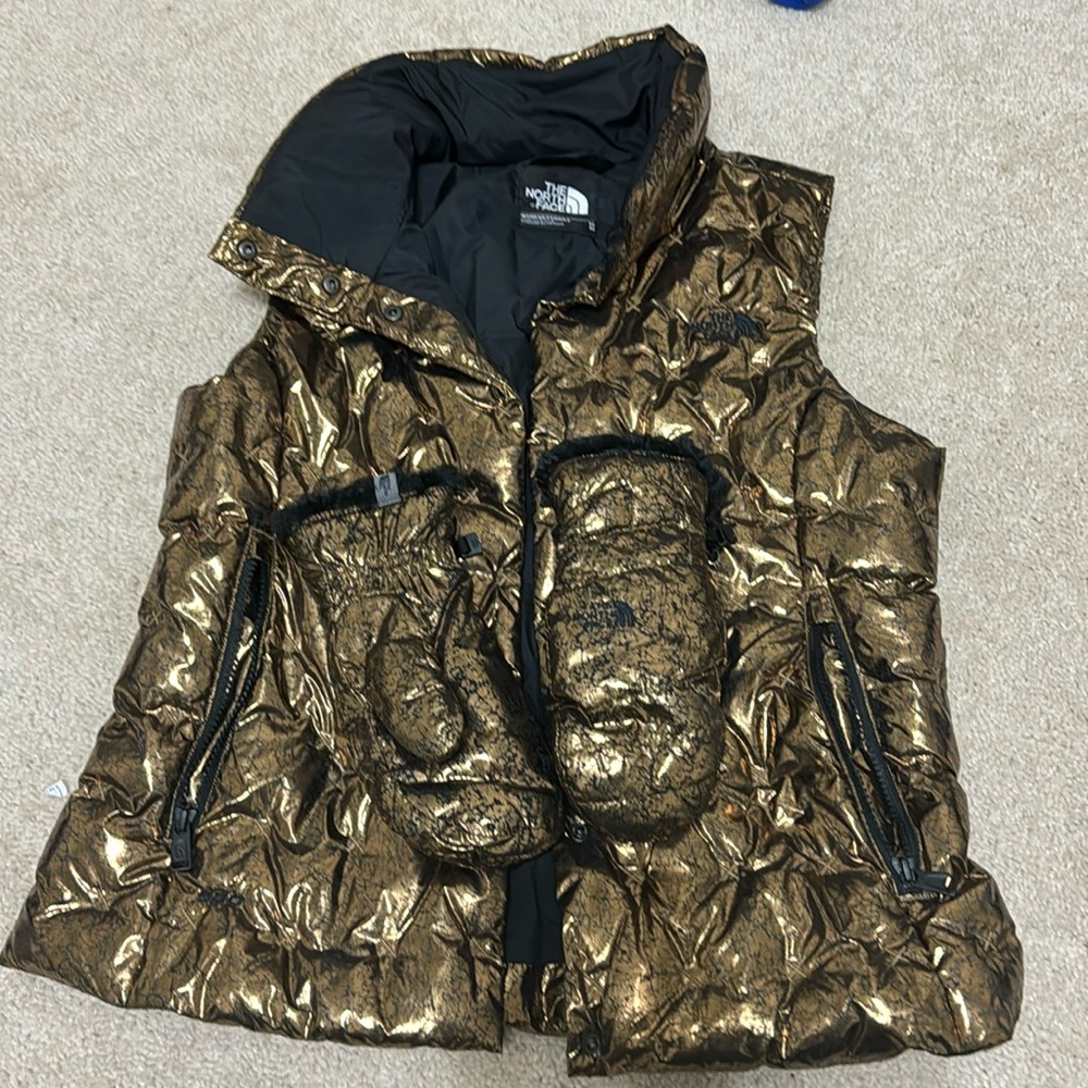 Women’s bronze north face vest and mittens set
